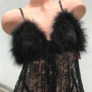 Black marabou feather babydoll pinup lingerie boa cabaret nightie dollbaby